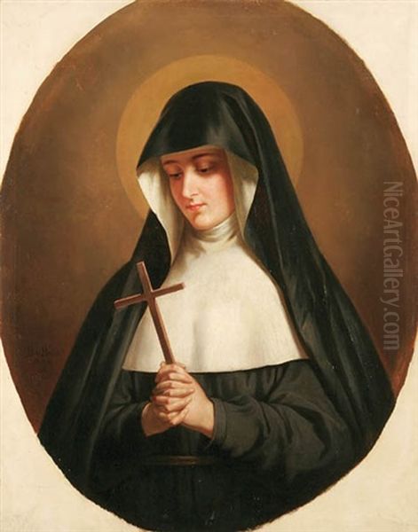 A Nun Contemplating A Cross Oil Painting by Fidelis Bentele