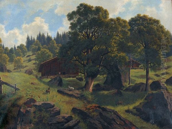 Felsiger Hang Mit Bauernhausern Oil Painting by Wilhelm Bernhard Benteli