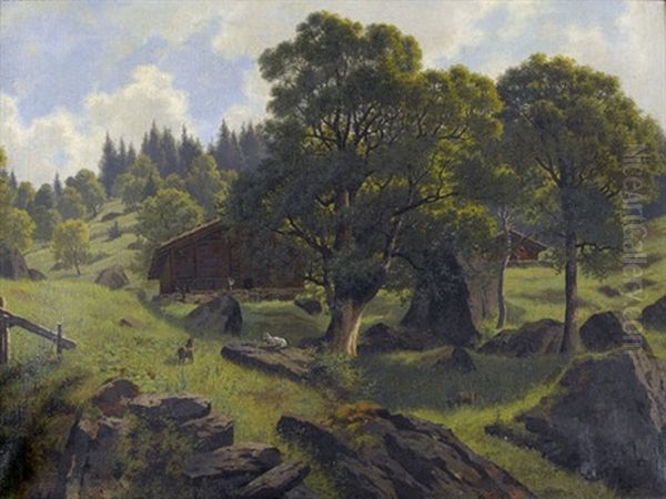 Felsiger Hang Mit Bauernhausern Oil Painting by Wilhelm Bernhard Benteli