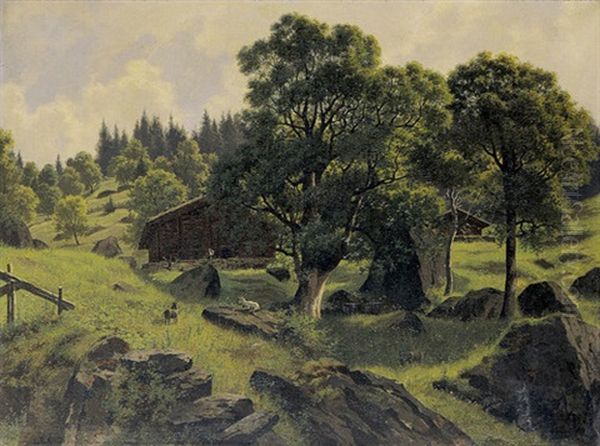 Felsiger Hang Mit Bauernhausern Oil Painting by Wilhelm Bernhard Benteli