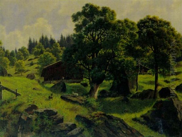 Felsiger Hang Mit Bauernhausern Oil Painting by Wilhelm Bernhard Benteli