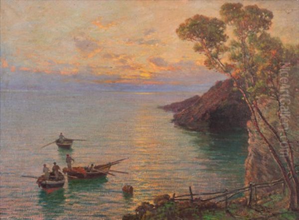 Marina Con Pescatori Oil Painting by Cesare Bentivoglio