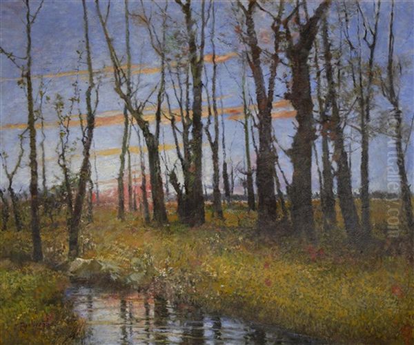 Woodland Scene At Sunset Oil Painting by Cesare Bentivoglio