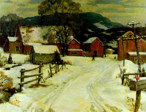 Winter Landscape With Red Cabin Oil Painting by John William Bentley