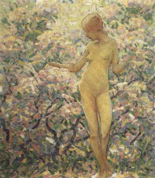 Nude In Flowering Garden Oil Painting by John William Bentley