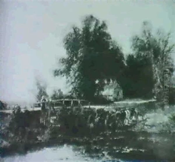 A Logcart Crossing A Ford Withchildren On A Wooden Bridge Oil Painting by Joseph Clayton Bentley