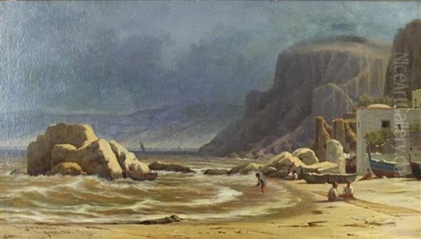 Children Playing On The Shore Oil Painting by Dwight Benton