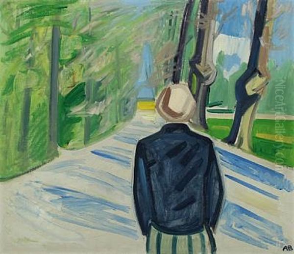 View From A Park With Person On An Alle Oil Painting by Axel Bentzen