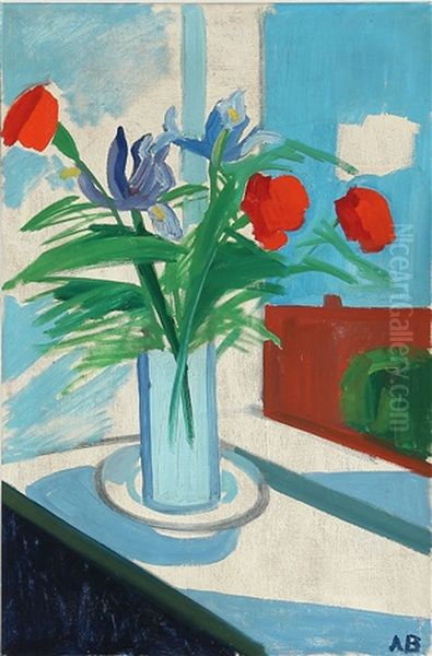 Sill Life With Red And Blue Flowers In A Vase by Axel Bentzen