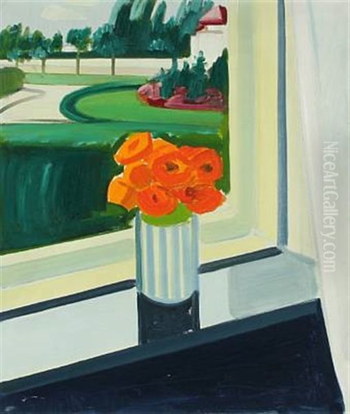 Orange Flowers In A Window Sill Oil Painting by Axel Bentzen