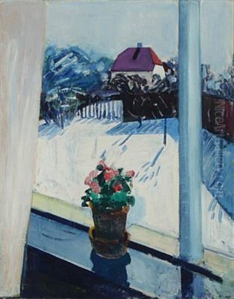 Winter Scene With View From A Window Oil Painting by Axel Bentzen