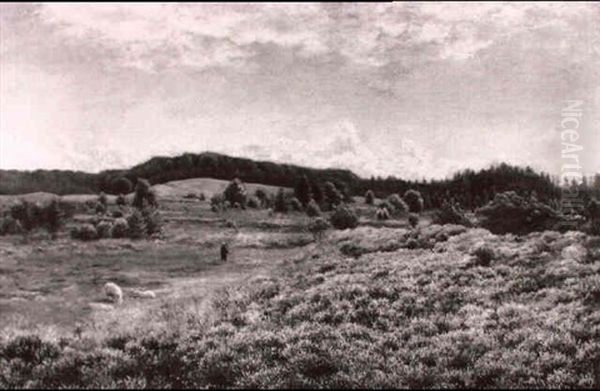 Hirtenbube Und Schafe In Einer Bluheneden Heidelandschaft Oil Painting by Fritz Johannes Bentzen-Billkvist