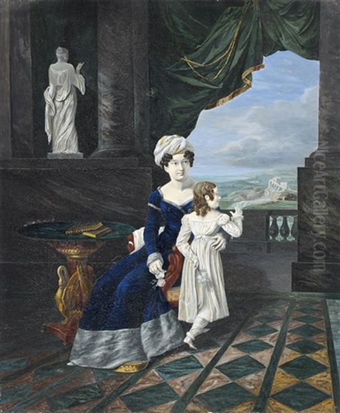 Mere Et Sa Fille Sur La Terrasse D'un Palais A Colonnade by Pietro Benvenuti