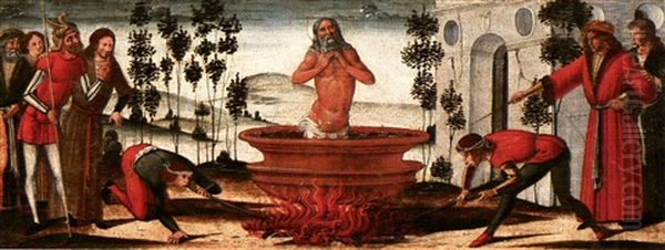 Saint John The Evangelist In A Vat Of Boiling Oil:  A Predella Panel Oil Painting by  Benvenuto di Giovanni