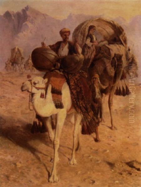 A Caravan Of Camels Crossing The Desert Mountains Beyond Oil Painting by Joseph Austin Benwell