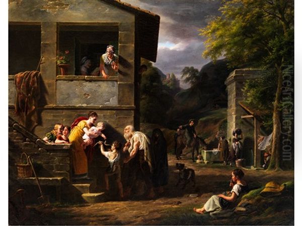 Blinder Bettler Und Kleiner Junge Am Haus Einer Vornehmen Dame Oil Painting by Antoine Beranger