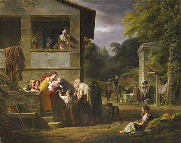 Blinder Bettler Und Kleiner Junge Am Hause Einer Vornehmen Dame Oil Painting by Antoine Beranger