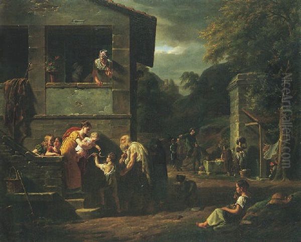 A Blind Beggar Accompanied By A Small Boy Outside A House, Washerwomen And Other Figures Watching Beyond Oil Painting by Antoine Beranger