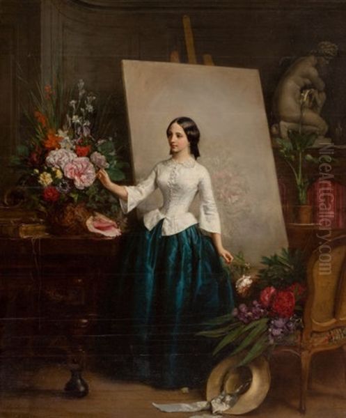 Woman Flower Painter At The Easel Oil Painting by Jean Baptiste Antoine Emile Beranger