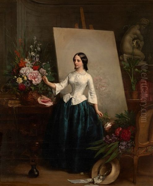 Arranging Flowers Oil Painting by Jean Baptiste Antoine Emile Beranger