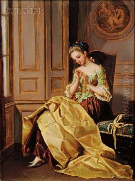 Mending Oil Painting by Jean Baptiste Antoine Emile Beranger