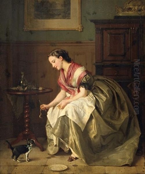 Junge Frau Futtert Ein Katzchen In Der Stube Oil Painting by Jean Baptiste Antoine Emile Beranger