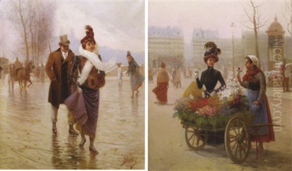 La Marchande De Fleurs Sur Une Place Parisienne Oil Painting by Evremond de Berard