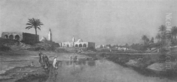 Ville Arabe Et Animation Au Bord De L'oued Oil Painting by Evremond de Berard