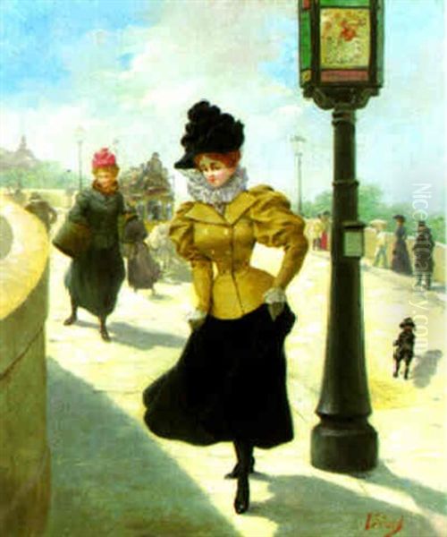 Elegante En Promenade, Paris Oil Painting by Evremond de Berard