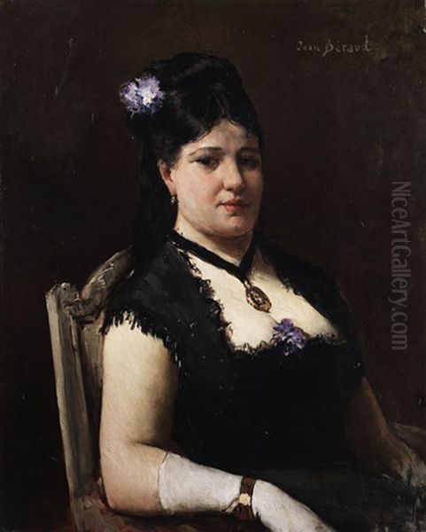 Portrait Einer Dame In Schwarzem Kleid Mit Blume Im Haar Oil Painting by Jean Beraud