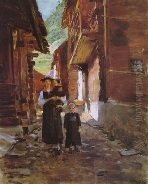 Young Woman With Children In A Mountain Village Street Oil Painting by Jean Beraud