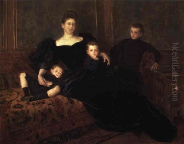 Madame Bourdet Et Ses Trois Fils Oil Painting by Jean Beraud