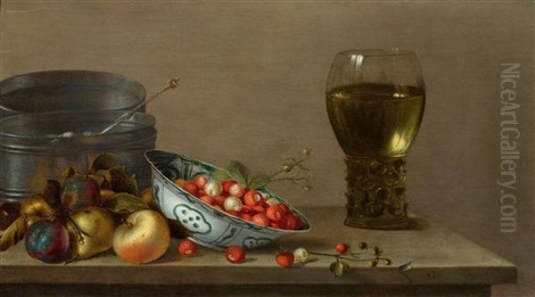 A Still Life With Apples, Plums, A Porcelain Bowl With Strawberries And A Romer With Wine On A Table Oil Painting by Gillis Gillisz. de Berch