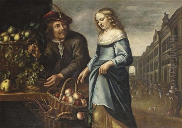 A Fruit Seller And A Young Woman In A Blue Dress At A Fruit Stall In A Crowded Marketplace Oil Painting by Gillis Gillisz. de Berch