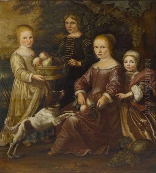 Vier Kinder Mit Hund Bei Einem Weinstock Oil Painting by Gillis Gillisz. de Berch