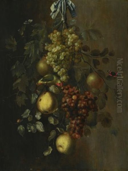 A Festoon Of Grapes, Apples And Pears Hanging From A Nail, With Snails, Butterflies And A Parrot Oil Painting by Gillis Gillisz. de Berch