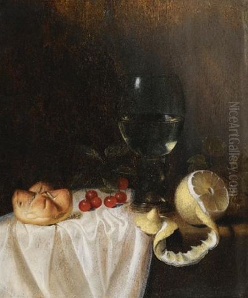 A Still Life With A Roemer, A Peeled Lemon, Cherries And A Bread Roll On A Partly-draped Table Oil Painting by Gillis Gillisz. de Berch