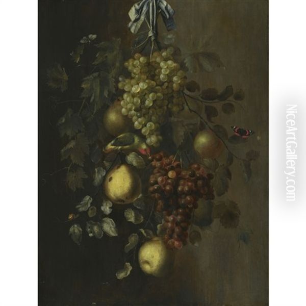 A Festoon Of Grapes, Apples And Pears Hanging From A Nail, With Snails, Butterflies And A Parrot by Gillis Gillisz. de Berch