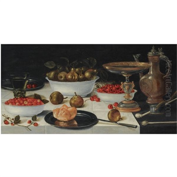 A Still Life With Strawberries, Pears And Cherries In Porcelain Bowls, Together With A Bun On A Silver Plate, A Roemer, A Tazza, A Jug, Two Pipes And Burning Taper, All On A Table Draped With A White Oil Painting by Gillis Gillisz. de Berch