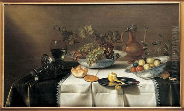 Nature Morte Aux Plats De Raisins Et De Fruits Et Verre De Vin Oil Painting by Gillis Gillisz. de Berch