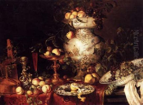 Pronk Still Life Of A Violin, Silver Salt Cellar, Peaches, Prunes, Pears And Other Fruit, On Ledge Draped With Tapestry Oil Painting by Gillis Gillisz. de Berch