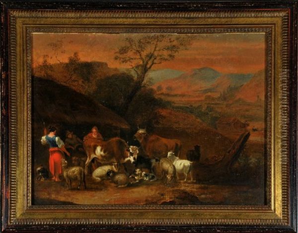 Hirtenfamilie Mit Vieh Vor Einer Hutte In Abendlicher, Italienischer Landschaft Oil Painting by Nicolaes Petersz Berchem