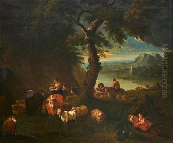 Pastoral Landscape With Shepherds And Their Animals Oil Painting by Nicolaes Petersz Berchem