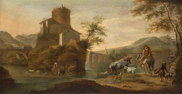 River Landscape With Shepherds And Herds Oil Painting by Nicolaes Petersz Berchem