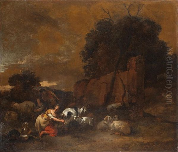 Peasants Milking Goats At Dusk Oil Painting by Nicolaes Petersz Berchem