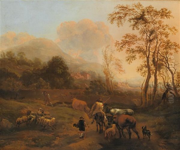 A Southern Landscape With Shepherds And Their Flock Oil Painting by Nicolaes Petersz Berchem