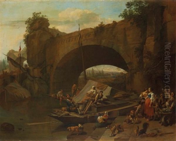 Figures Under A Bridge In An Italianate River Landscape Oil Painting by Nicolaes Petersz Berchem