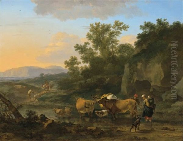 Crossing The Ford Oil Painting by Nicolaes Petersz Berchem