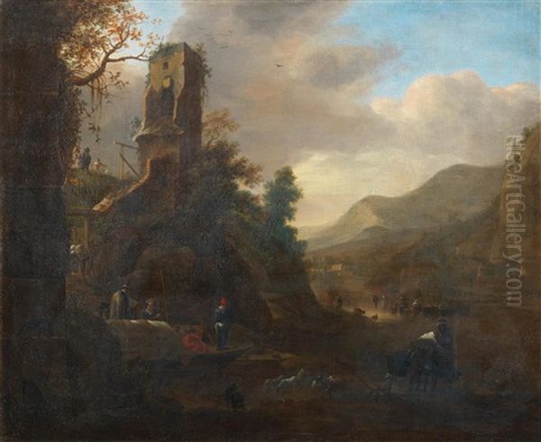 A River Landscape With Drovers And Their Herd Oil Painting by Nicolaes Petersz Berchem