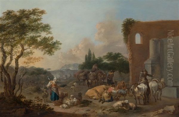 Mediterranean Landscape With Peasants And Their Animals By A Fountain Oil Painting by Nicolaes Petersz Berchem